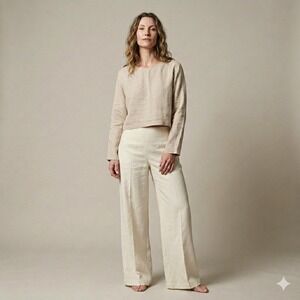 Filosofia Womens Beige 100% Linen Long Sleeve Boxy Top Made in‎ USA Large